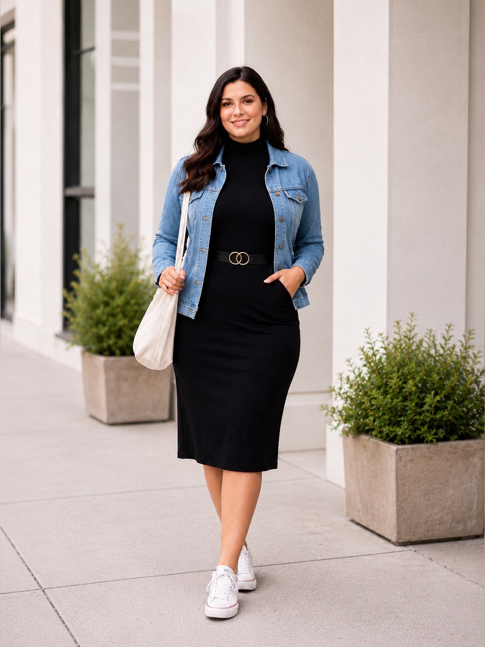 Black Turtleneck Midi Dress Size L | Minimal Chic Long Sleeve Bodycon
